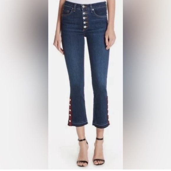 Veronica Beard Navy Boot Cut Jeans with Button Detail